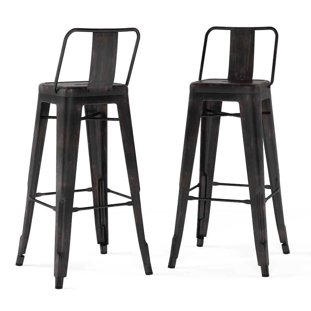 Simpli Home Rayne 30" Metal Bar Stool in Distressed Black (Set of 2)