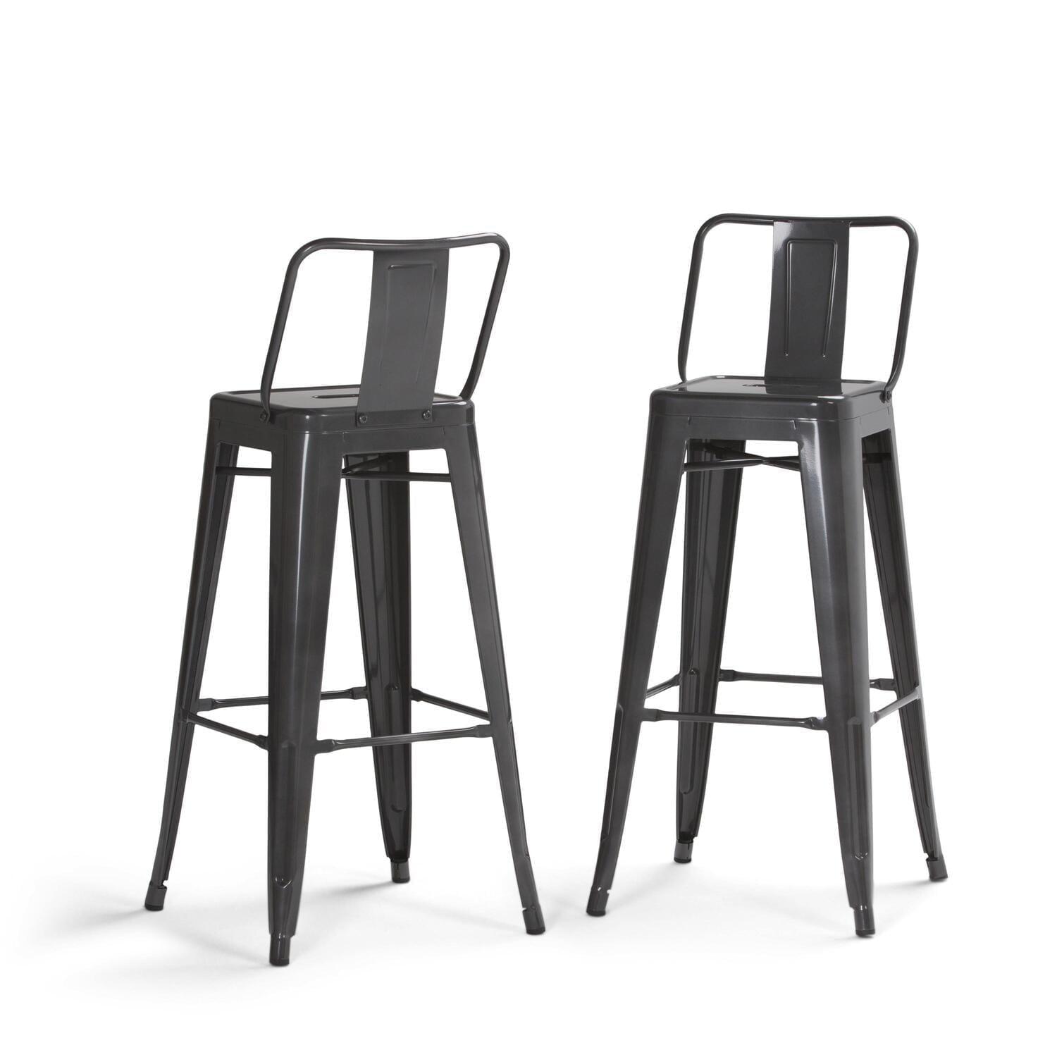 Simpli Home Rayne Metal Industrial Stool with Curved Back, Cross-Brace, and Footrest