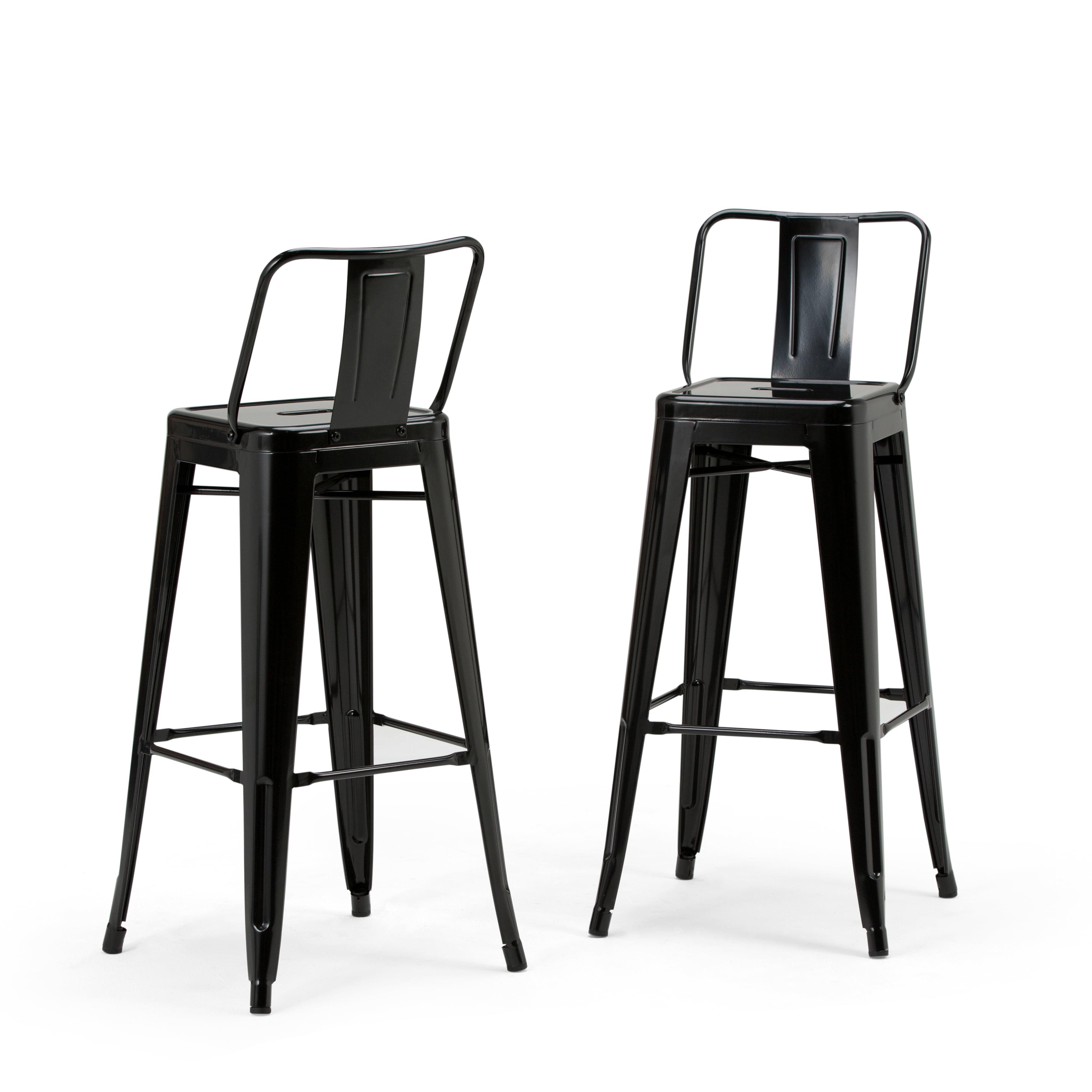 Simpli Home Rayne Metal Industrial Stool with Curved Back, Cross-Brace, and Footrest