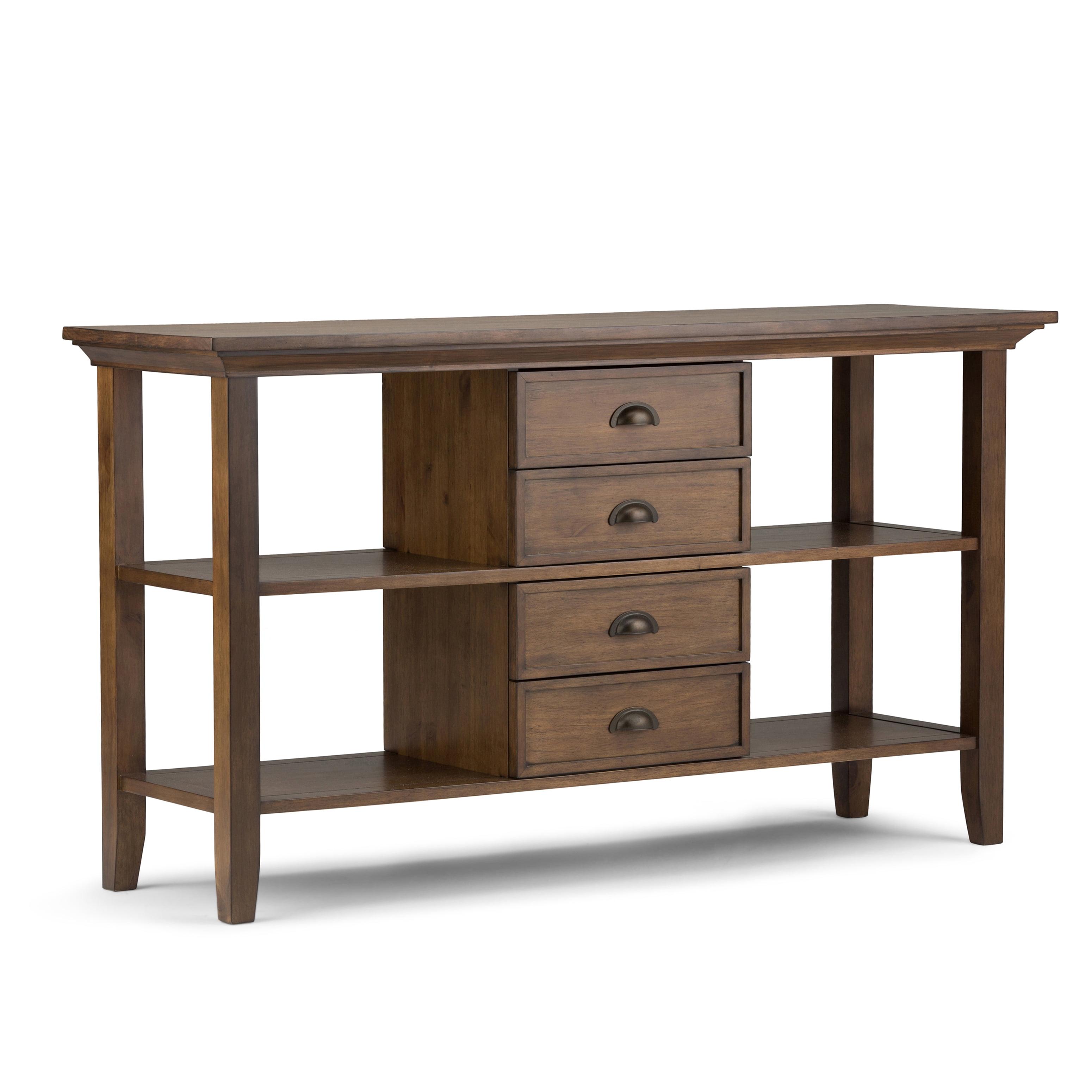 Simpli Home Redmond 54"W Solid Wood Storage Console Table with 4 Center Drawers and Open Shelves