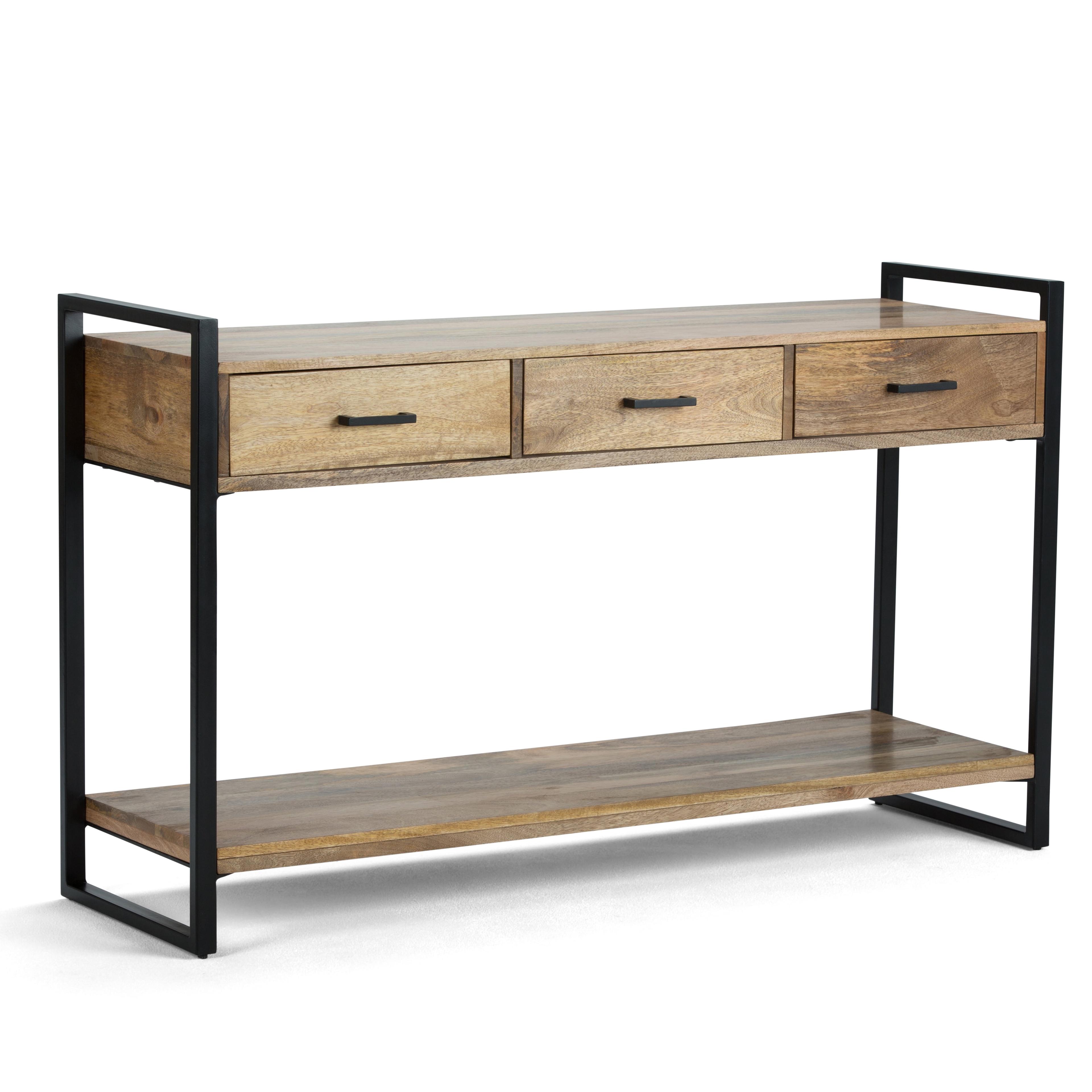 Riverside 54"W Solid Mango Wood and Metal Modern Industrial Storage Console Table with 3 Drawers and Open Shelf
