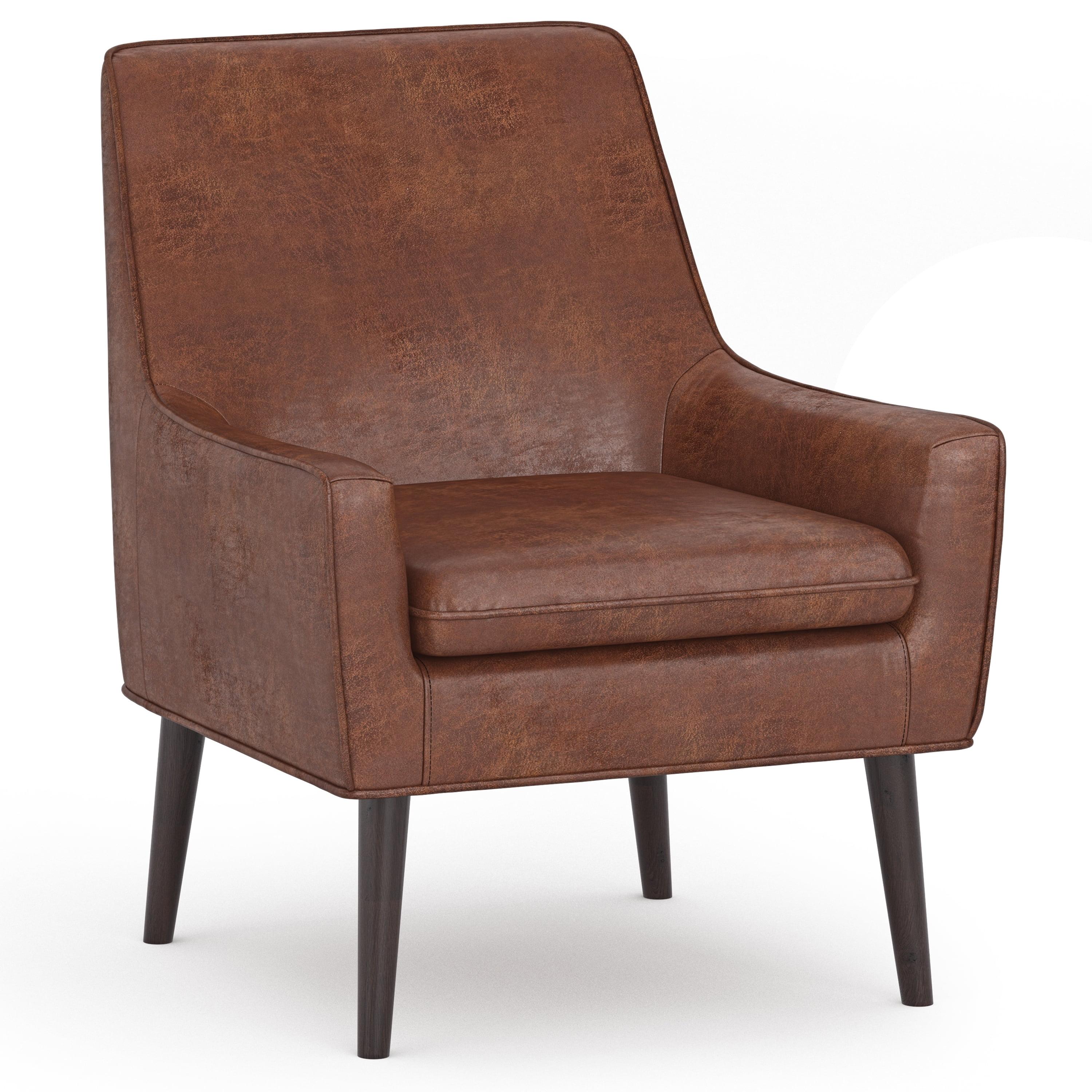 Distressed Saddle Brown Faux Leather Accent Chair with Wood Legs