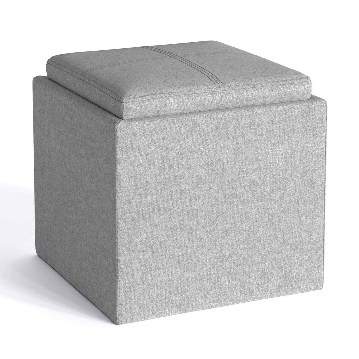 Cloud Gray Linen Storage Ottoman with Tray