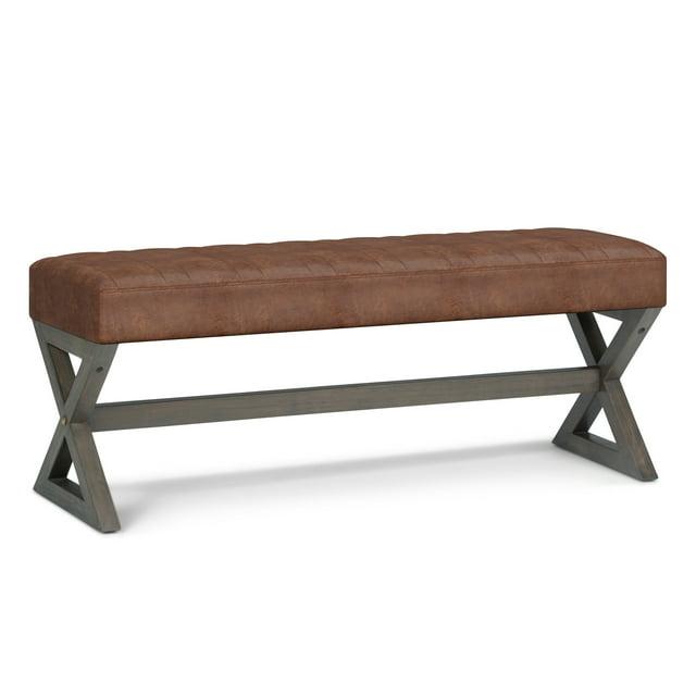 Simpli Home Salinger 48"W Large Ottoman Bench in Distressed Vegan Leather with Solid Wood Frame
