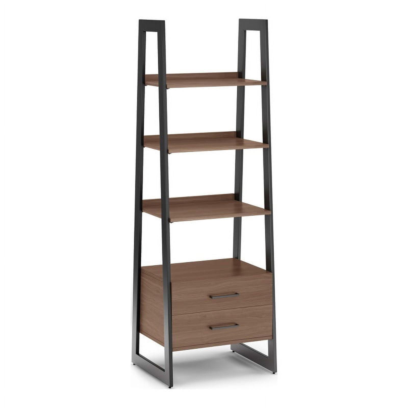 Modern Industrial Walnut Veneer and Metal Ladder Shelf with Storage