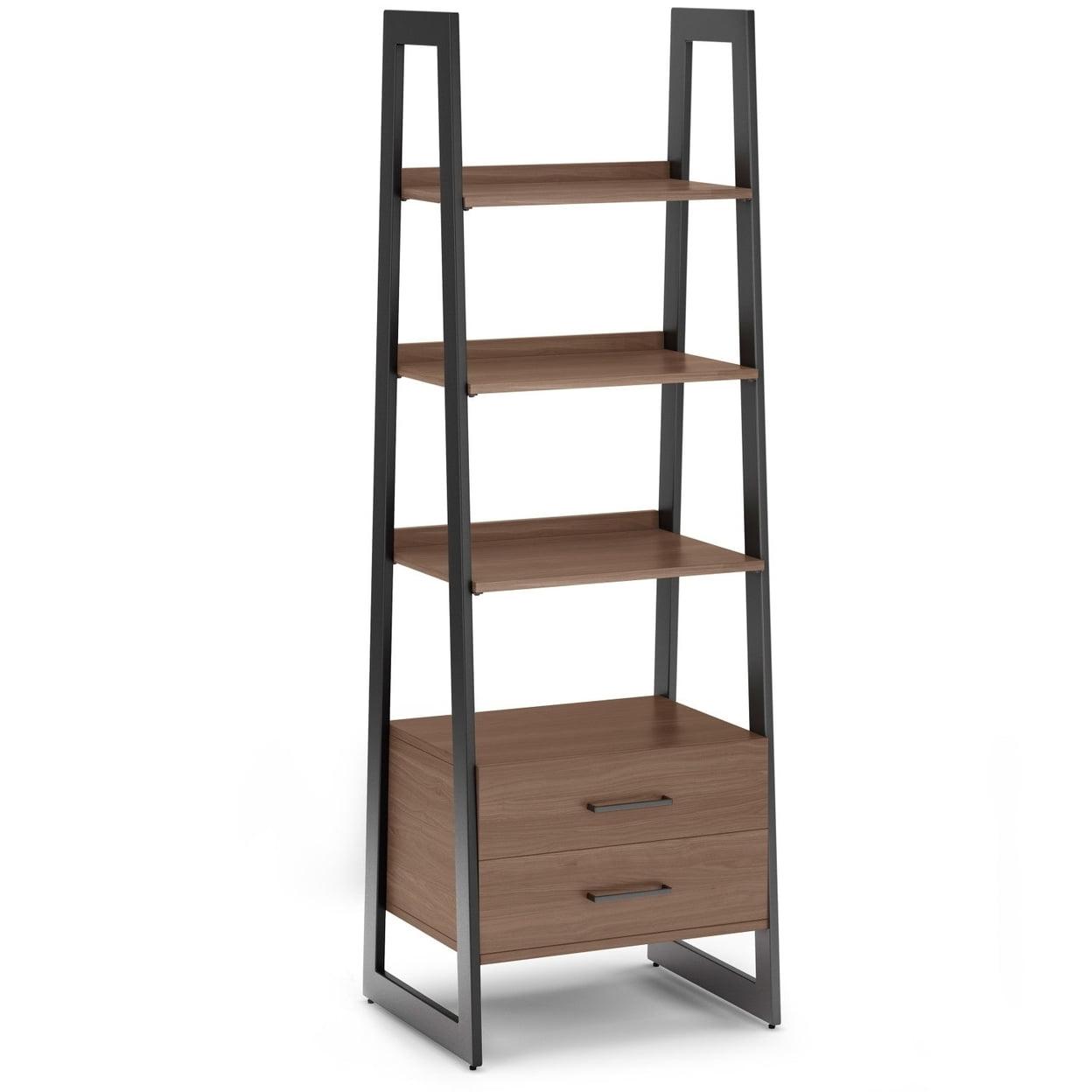 Simpli Home Sawhorse Modern Industrial and Metal Ladder Shelf with Storage in Walnut