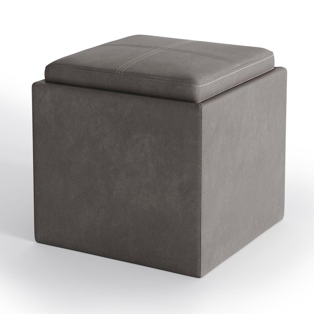 Simpli Home Rockwood Square Faux Leather Storage Ottoman With Tray in Slate Gray