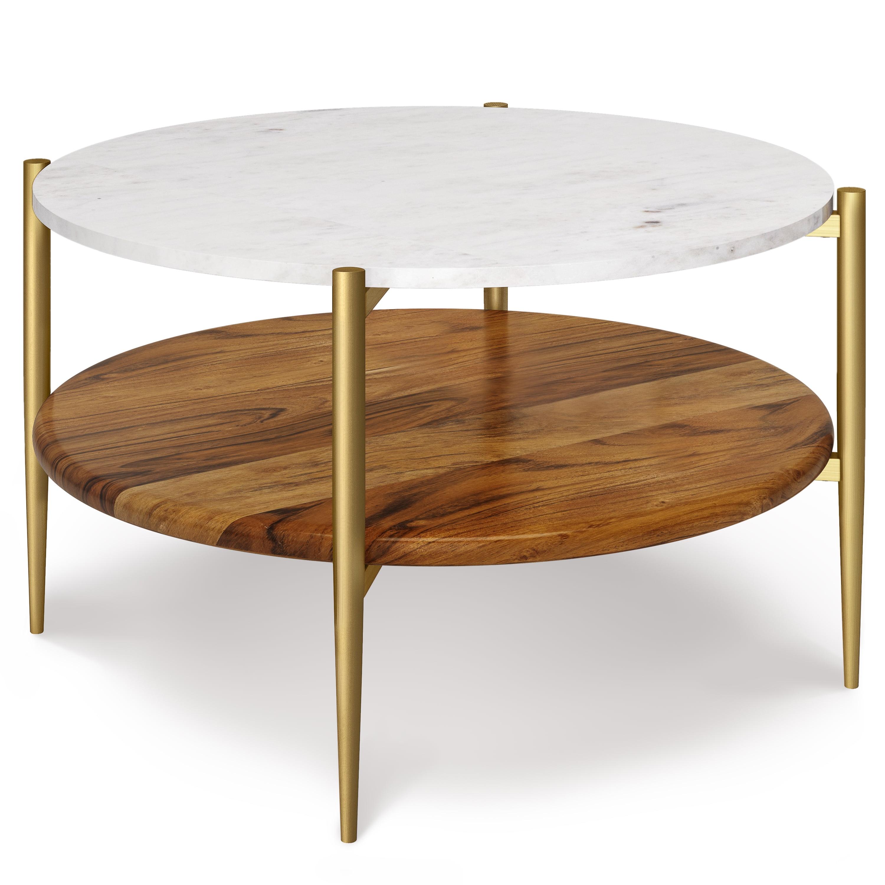 Wagner 30" Round White Marble and Natural Wood Coffee Table