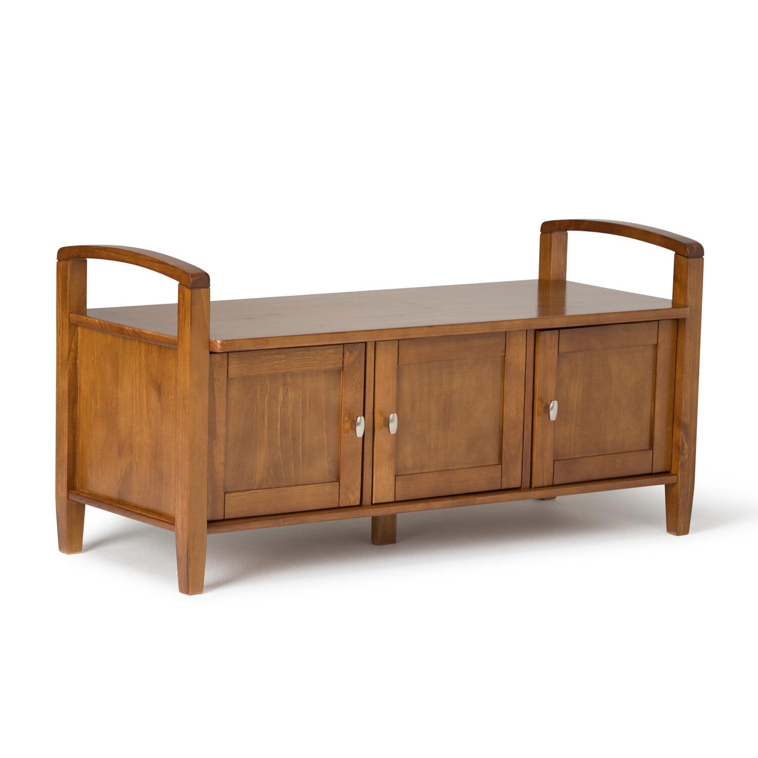 Simpli Home Warm Shaker 44"W Solid Wood Entryway Storage Bench with 3 Cabinets, Shaker-Style Doors and Interior Shelves