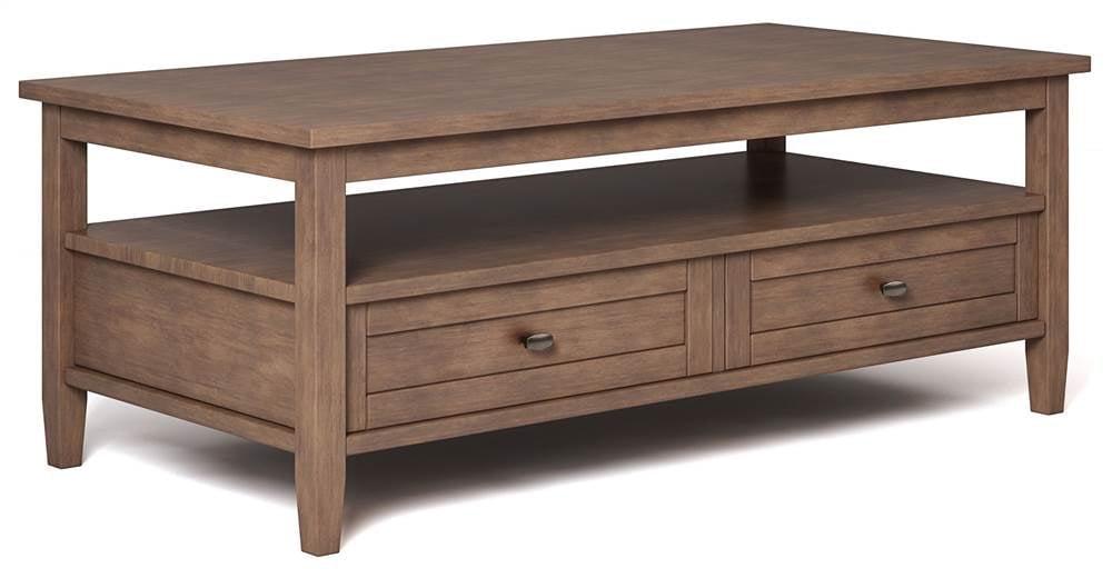Simpli Home Warm Shaker 48"W Solid Wood Coffee Table with Two Storage Drawers and Open Shelf