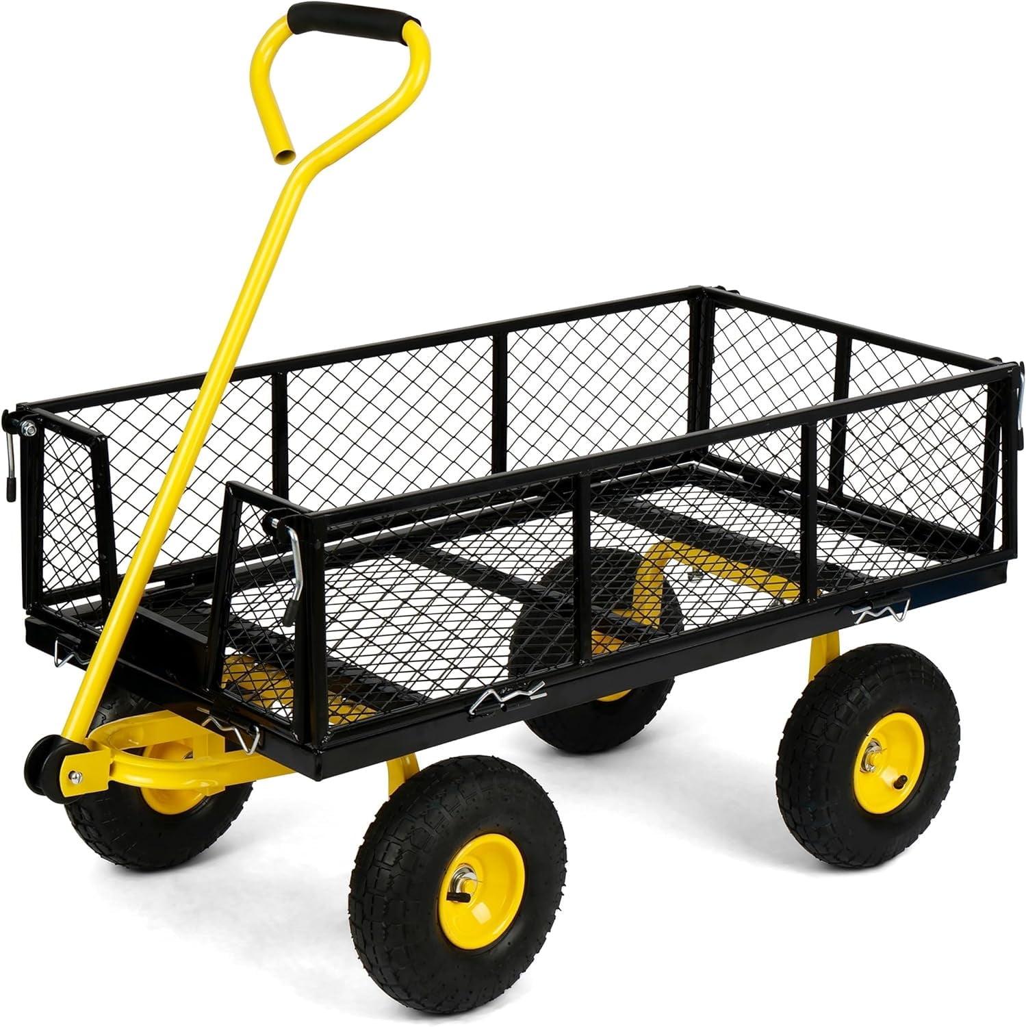 Heavy Duty Black and Yellow Metal Garden Cart with Pneumatic Wheels