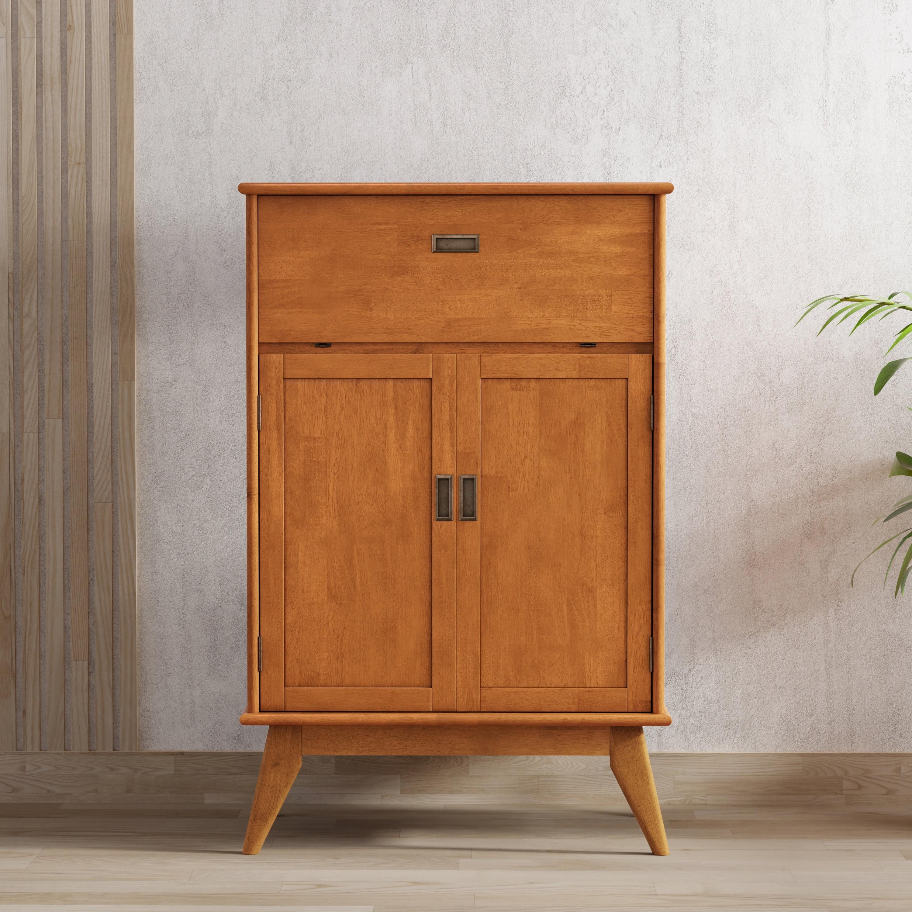 Simpli home Draper SOLID HARDWOOD Mid Century Modern 32 inch Wide Bar Cabinet in Teak Brown