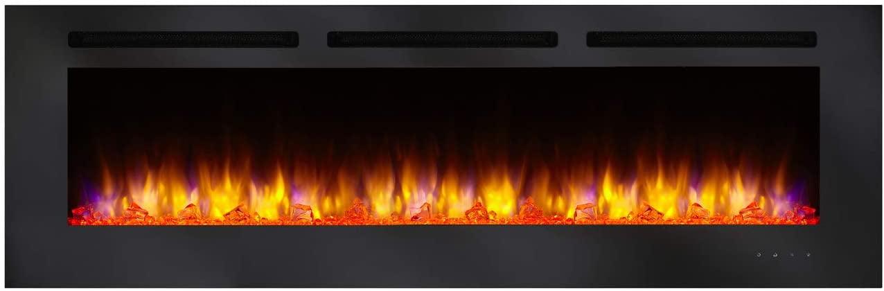 Sleek 60" Black Electric Fireplace with Colorful Ember Bed Lighting