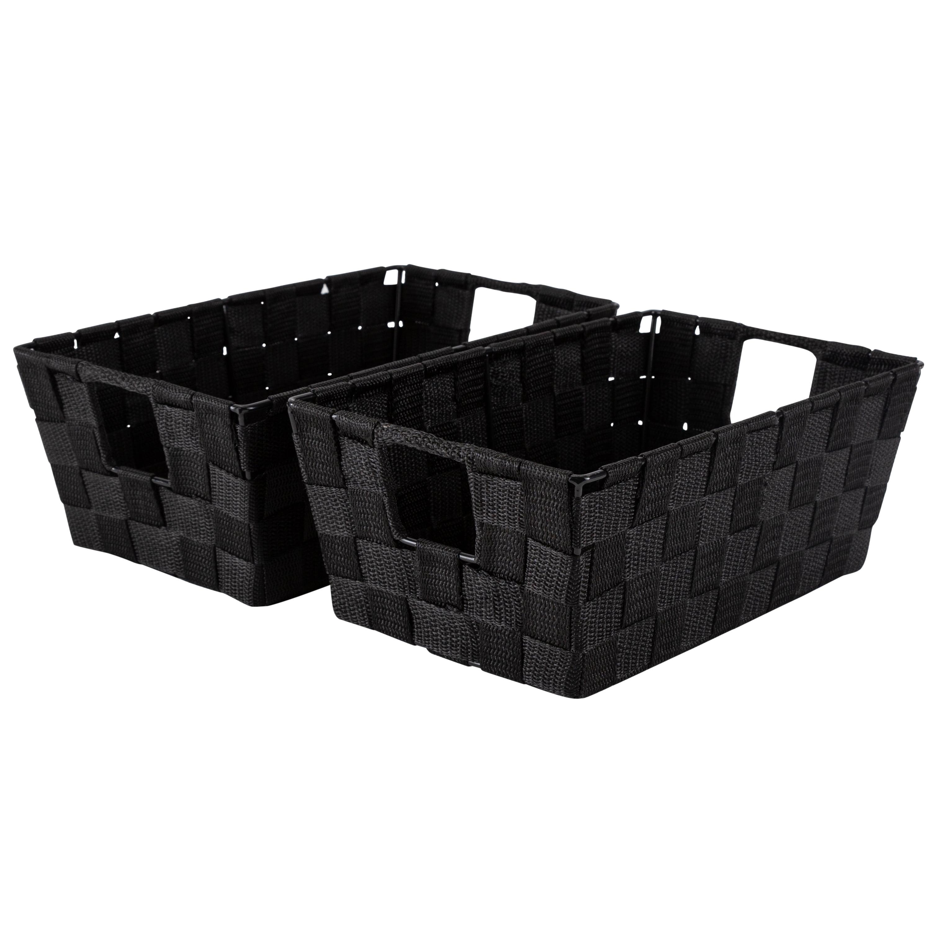 Small Black Woven Polypropylene Storage Baskets with Handles, Set of 2