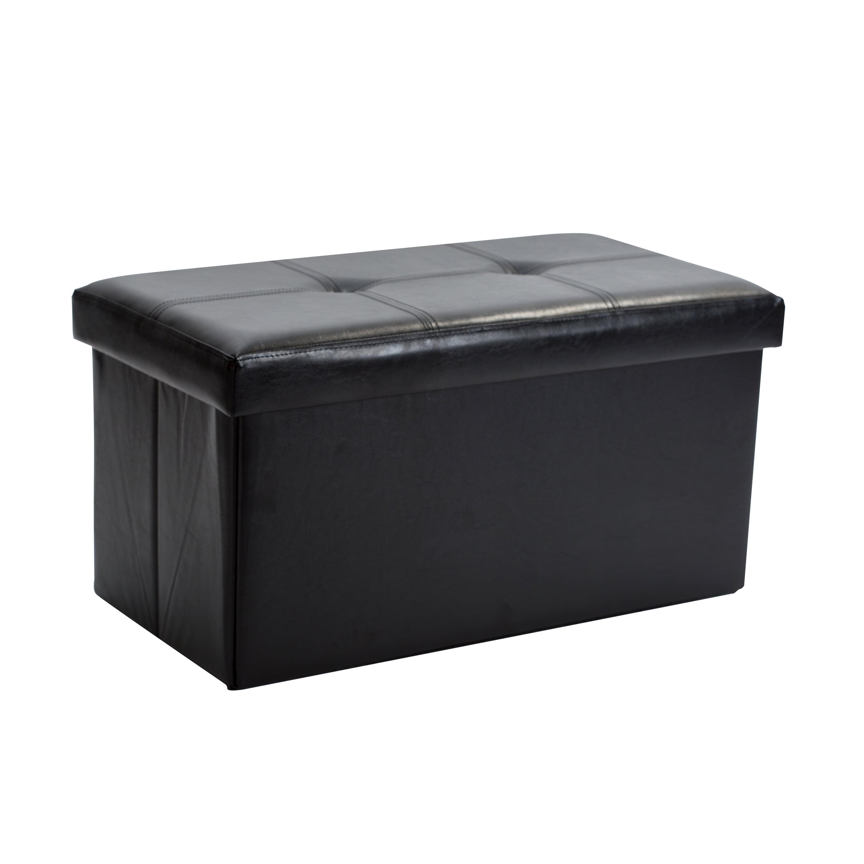 Black Faux Leather Collapsible Storage Ottoman with Tufted Top