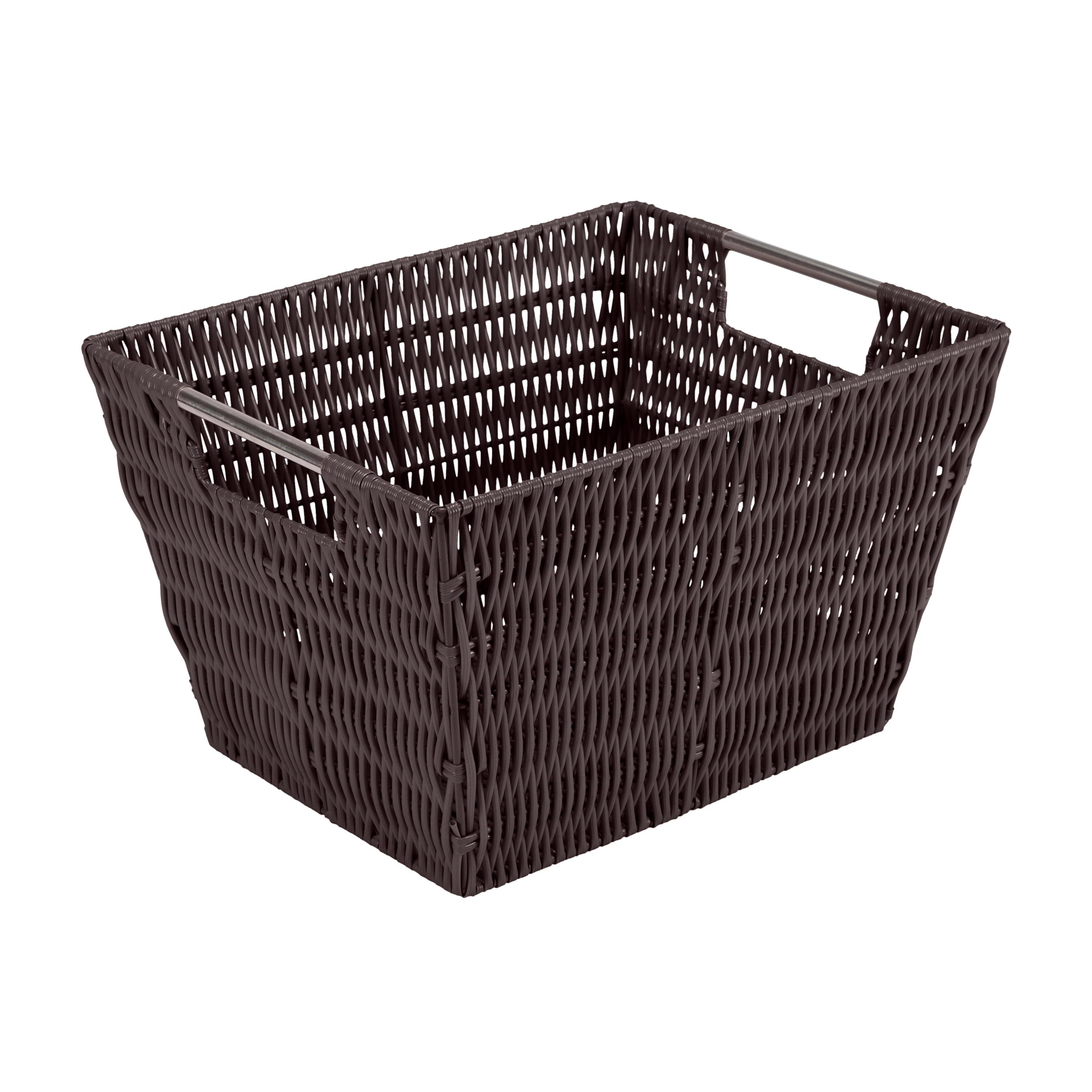 Rectangular Rattan Storage Basket with Stainless Steel Handles - Chocolate