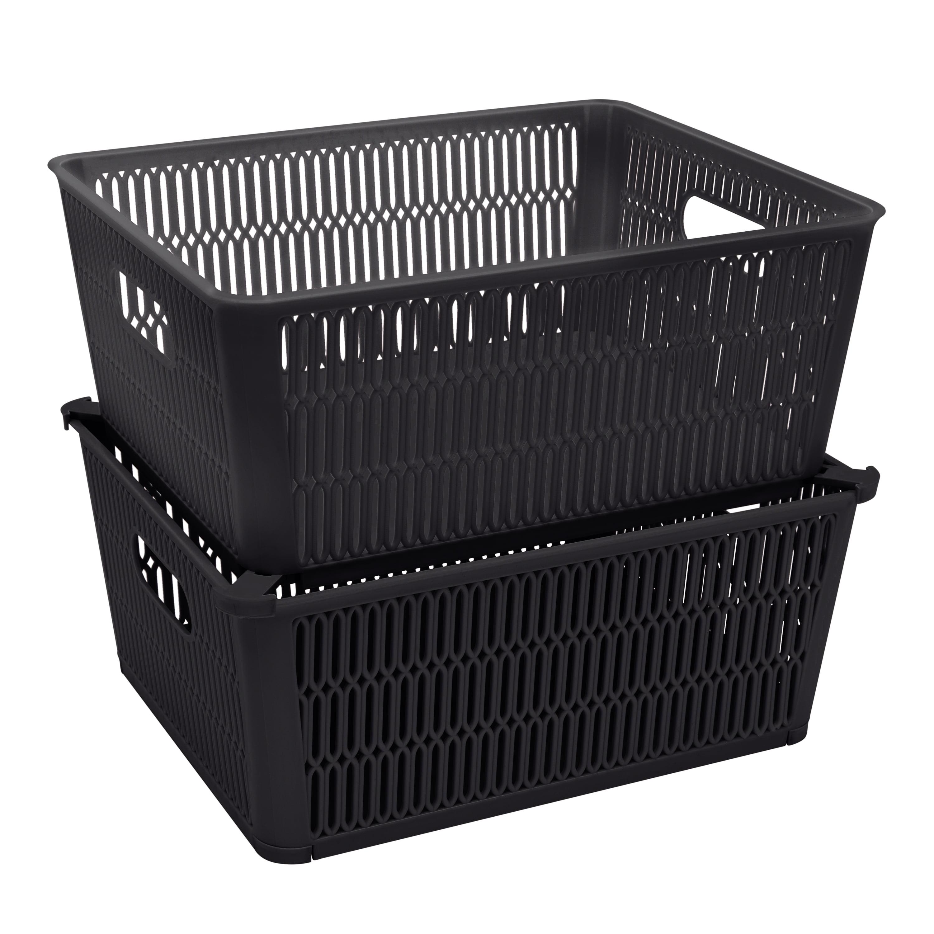 Large Black Plastic Stackable Storage Tote Baskets, Set of 2