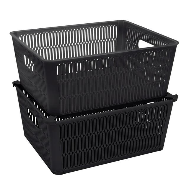 Simplify Slide 2 Stack It 2 Pack Plastic Storage Tote Baskets in Black