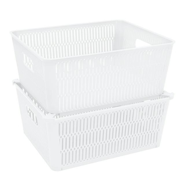 Simplify Slide 2 Stack It 2 Pack Plastic Storage Tote Baskets in White