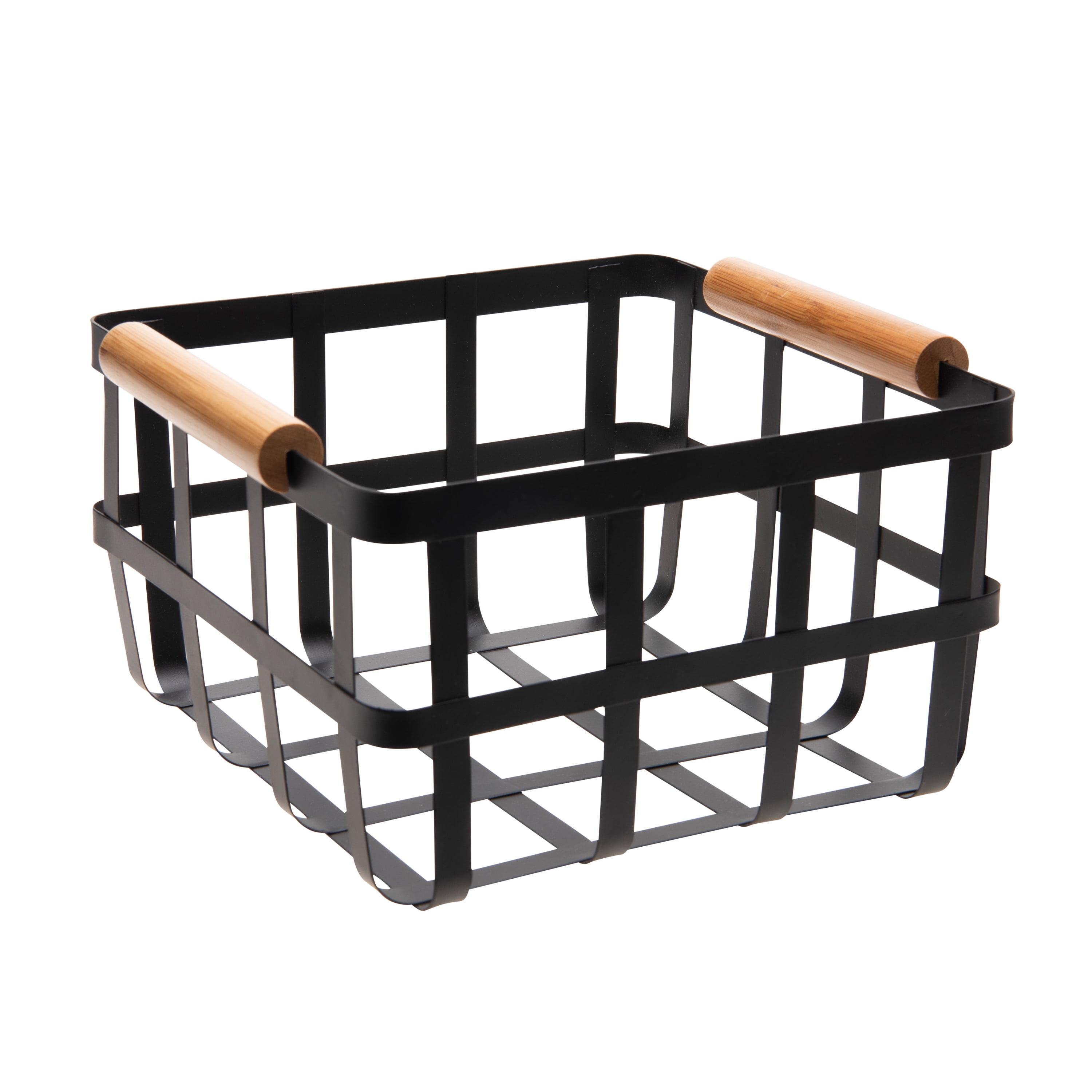 Black Square Metal Basket with Bamboo Handles