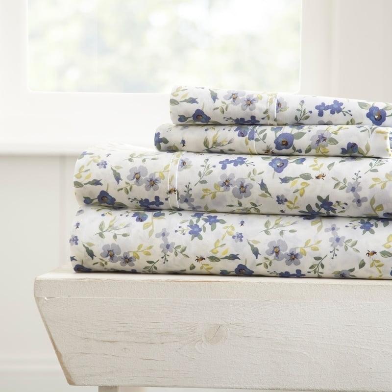 Light Blue Floral Queen Microfiber Bed Sheet Set