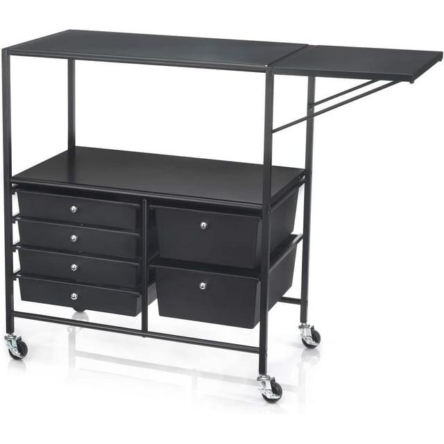 Essex Black Drawers & Rolling Cart with Tray and Extendable Table by Simply Tidy - Multi-Functional Storage Cart for Art & Craft Supplies - 1 Pack
