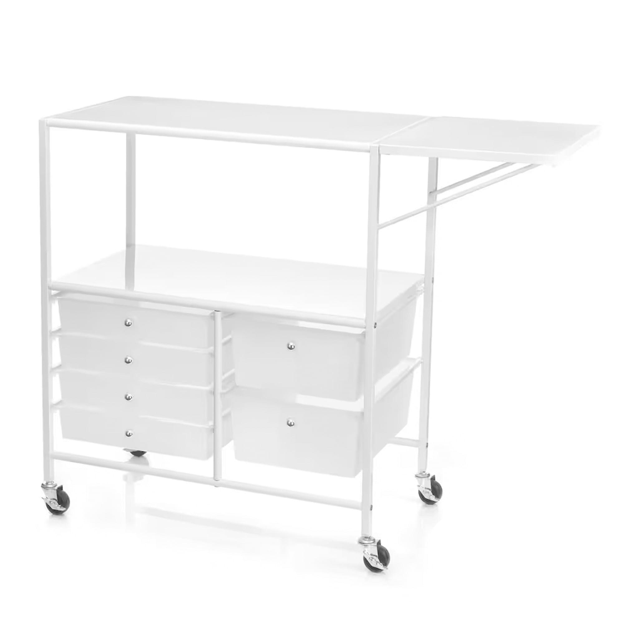 White Metal and Plastic Rolling Storage Cart with Drawers and Extendable Table