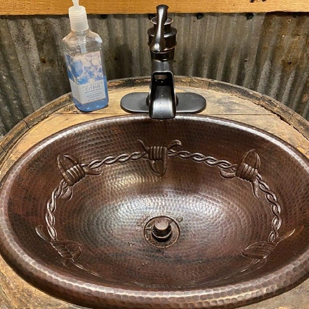 19" Oval Copper Drop-In Bathroom Sink with Barb Wire Design