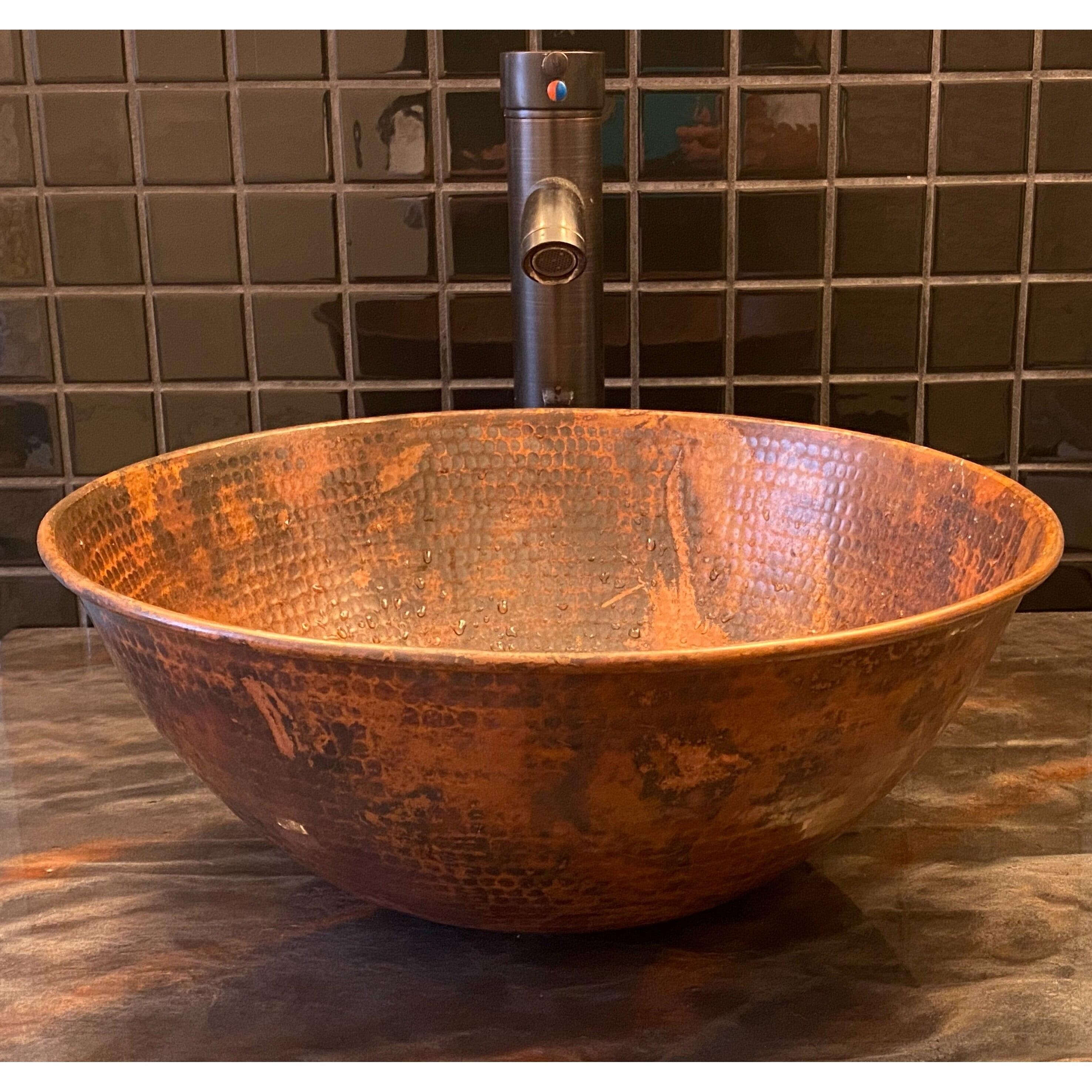 14" Round Hand-Hammered Copper Vessel Bathroom Sink