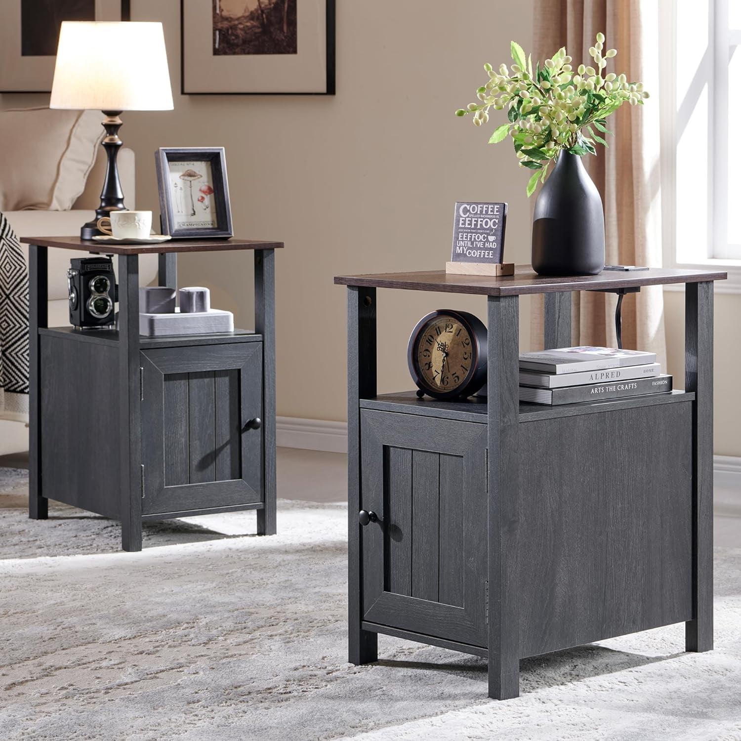 2 PCS Nightstand with Charging Station & Barn Door & Open Shelves，Farmhouse End Table for Bedroom, Living Room, Gray