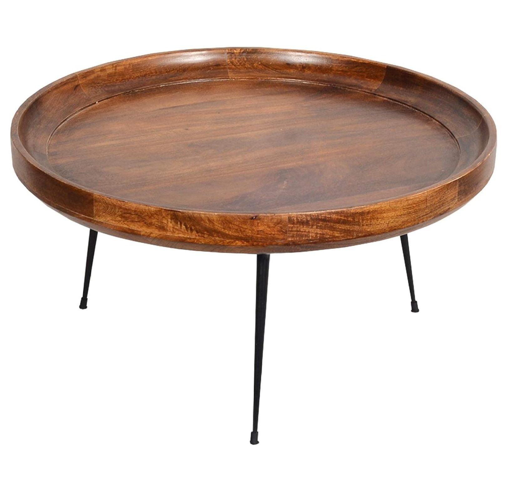 Round Mango Wood Coffee Table with Splayed Metal Legs, 30"