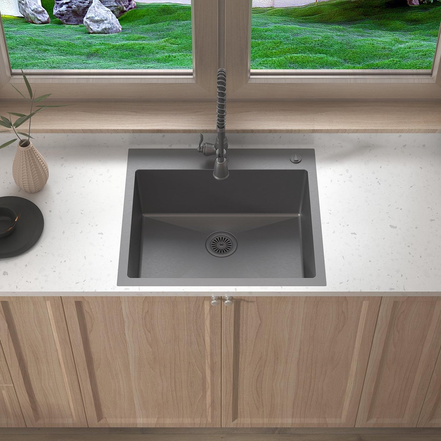 Sinber 25" x 22" Drop In Single Bowl Kitchen Sink with 18 Gauge 304 Stainless Steel Black Finish