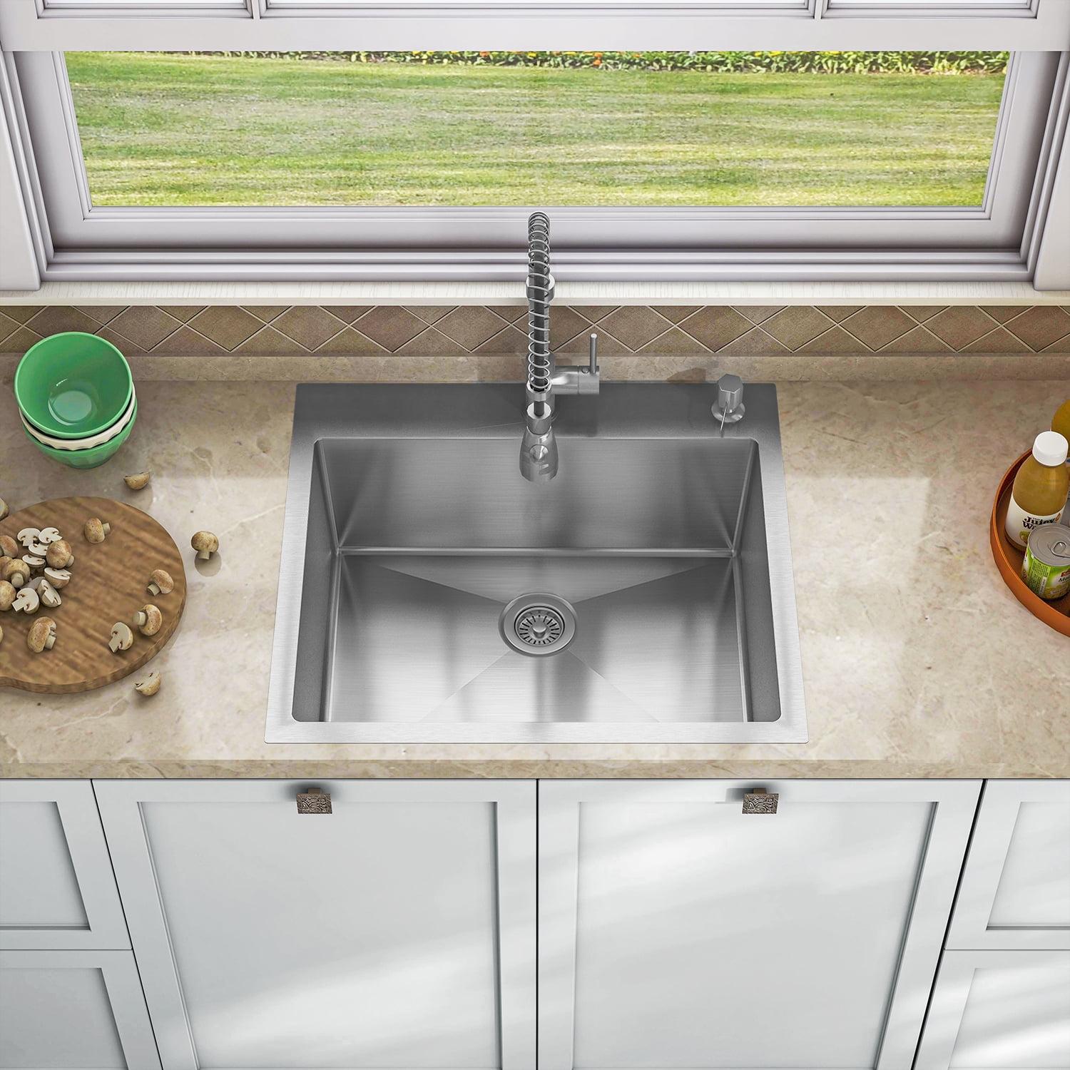 Sinber 25" x 22" Drop In Single Bowl Kitchen Sink with 18 Gauge 304 Stainless Steel Satin Finish