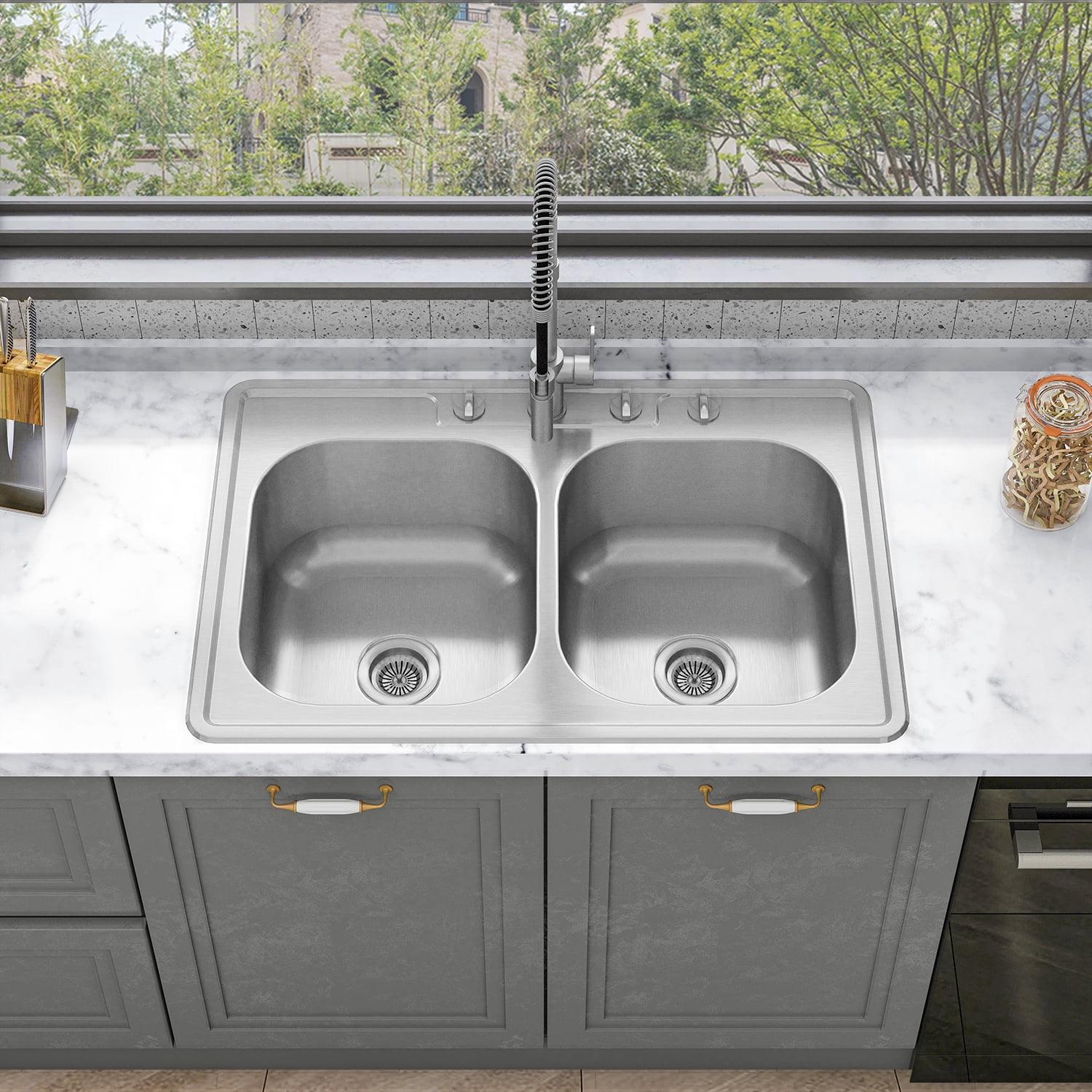 Sinber 33" x 22" Satin Stainless Steel Double Bowl Kitchen Sink