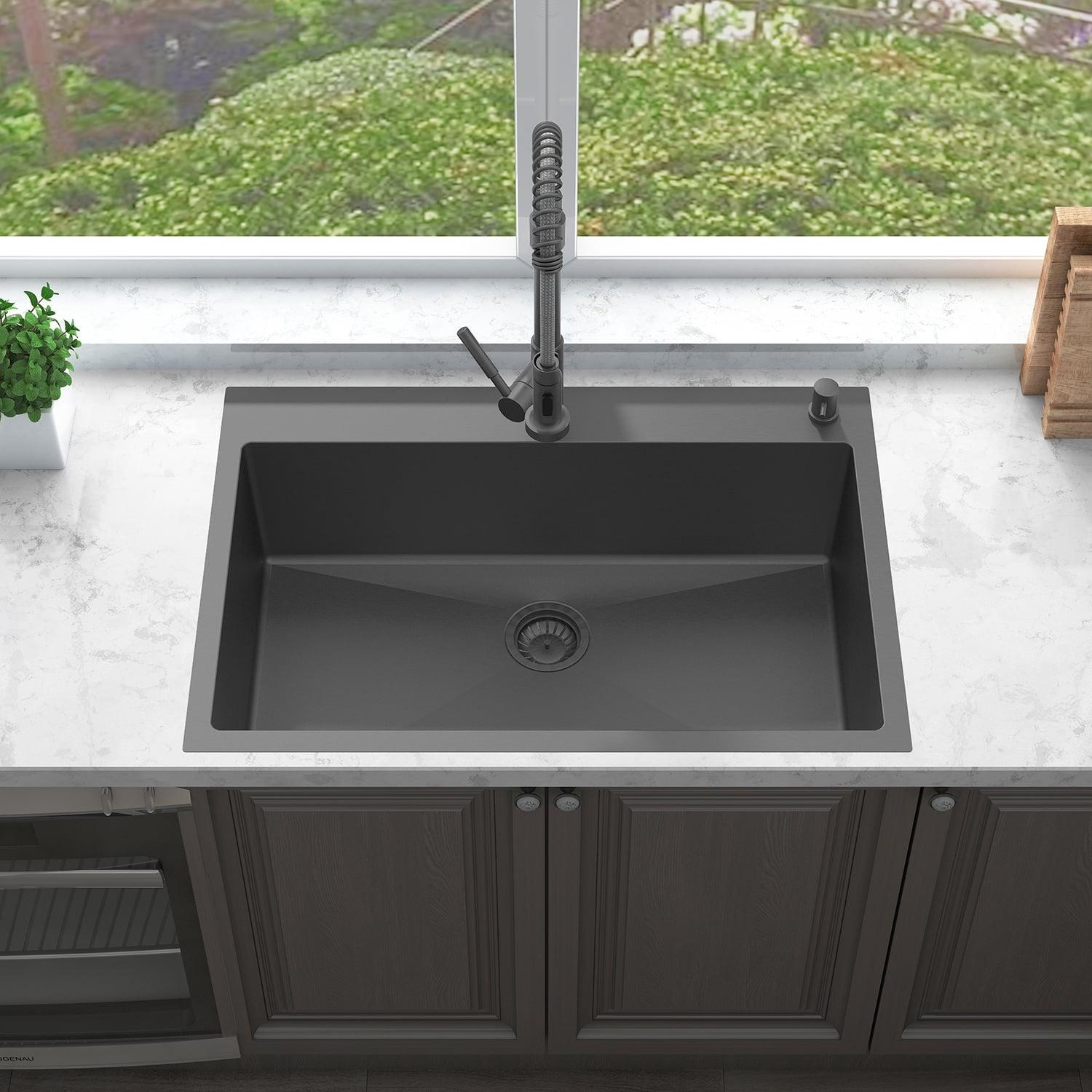 Sinber 33" x 22" Drop-In Single Bowl Kitchen Sink with 18 Gauge 304 Stainless Steel Polished Black Finish