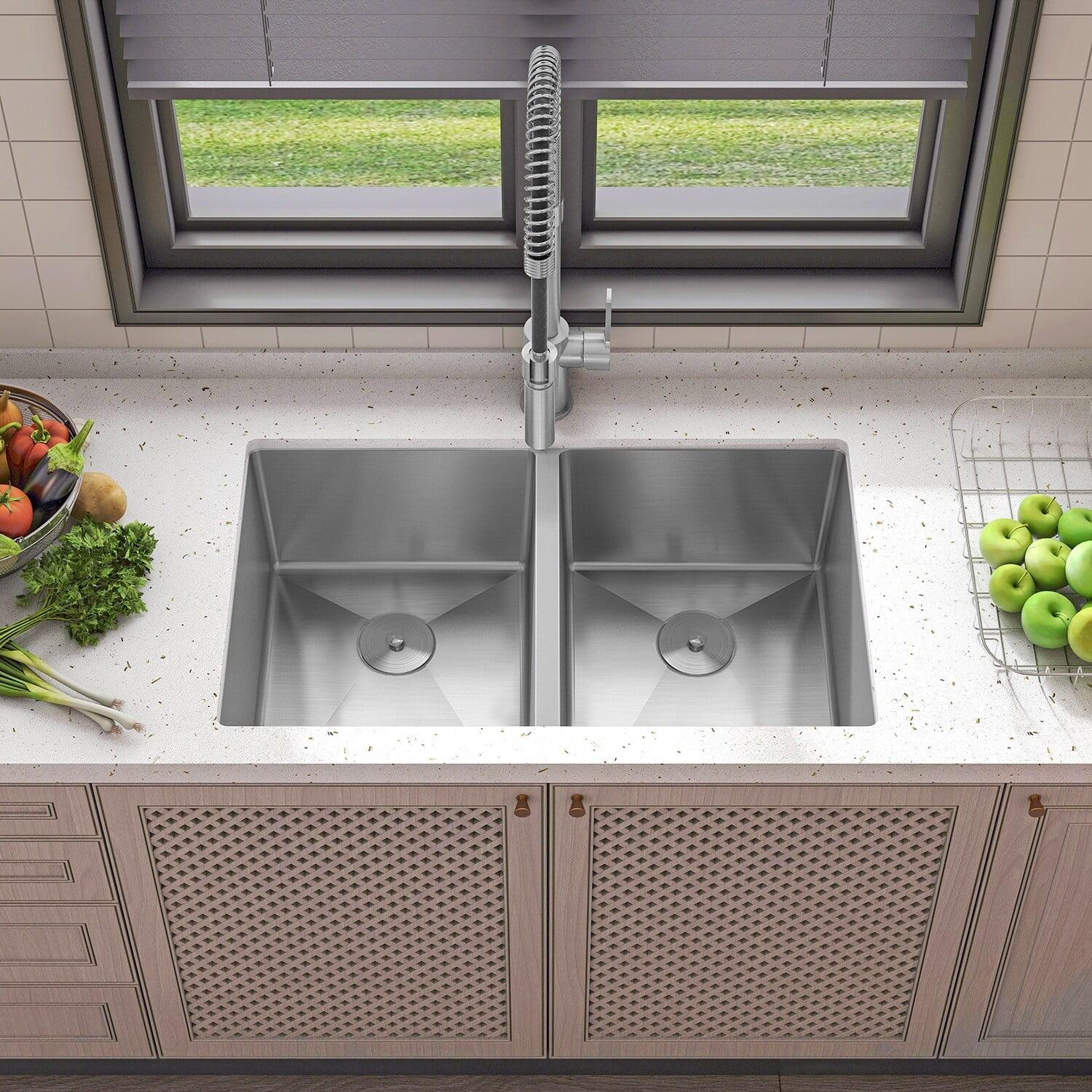 Sinber 32" x 19" Undermount Double Bowl Kitchen Sink with 18 Gauge 304 Stainless Steel Satin Finish