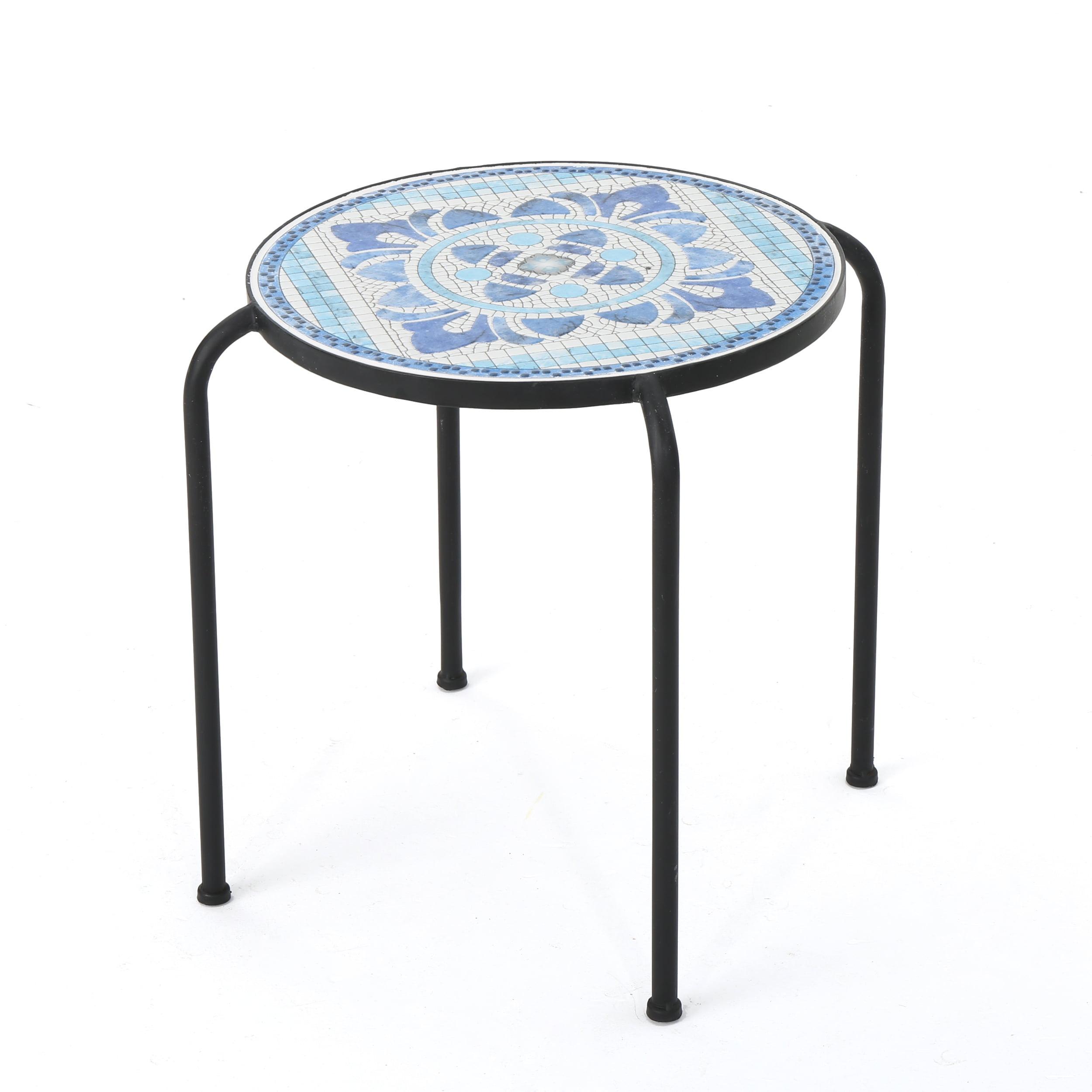 Sindarin Blue and White Ceramic Tile Round Side Table