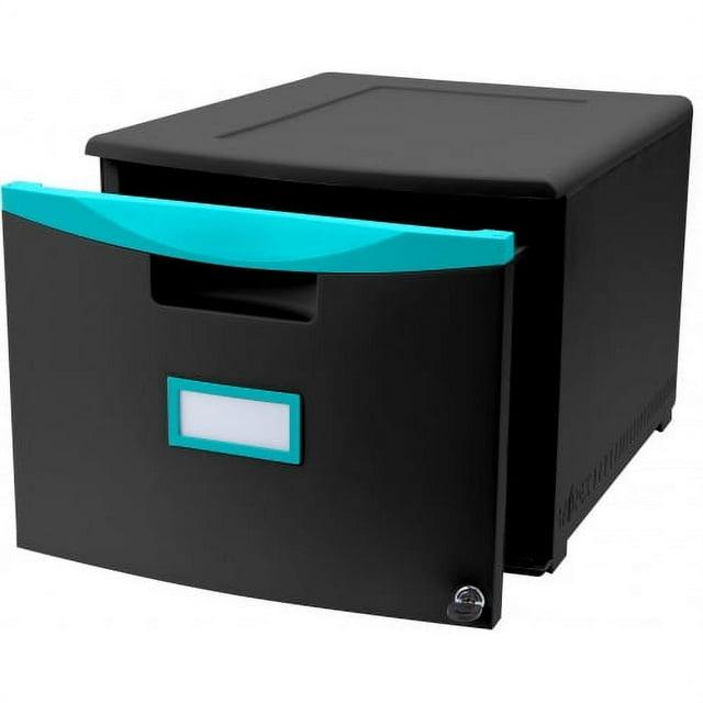 Storex Single-Drawer Mobile Filing Cabinet, 1 Legal/Letter-Size File Drawer, Black/Teal, 14.75" x 18.25" x 12.75"