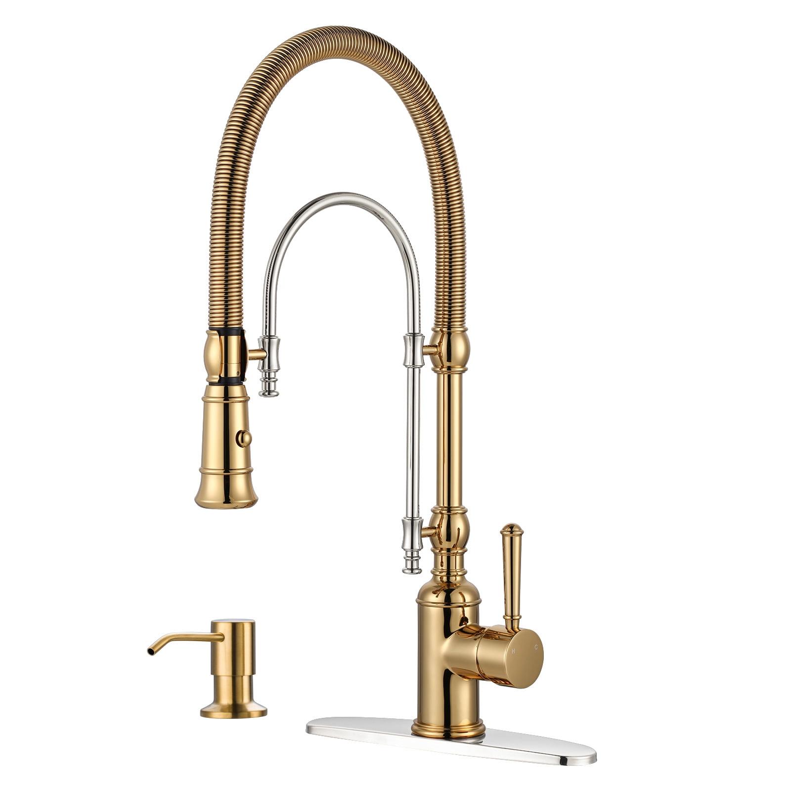 Single Handle Convenient Pull Down Sprayer Kitchen Faucet in Gold and Chrome with Soap Dispenser