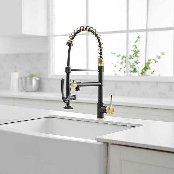 Single Handle Double-Spout High Arc Pull Down Kitchen Sink Faucet Black and Gold