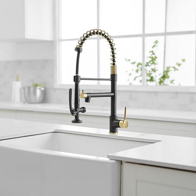 Single Handle Double-Spout High Arc Pull Down Kitchen Sink Faucet Black and Gold