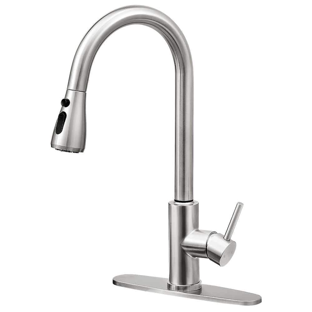 Brushed Nickel Single Handle Pull Down Kitchen Faucet with Deck Plate