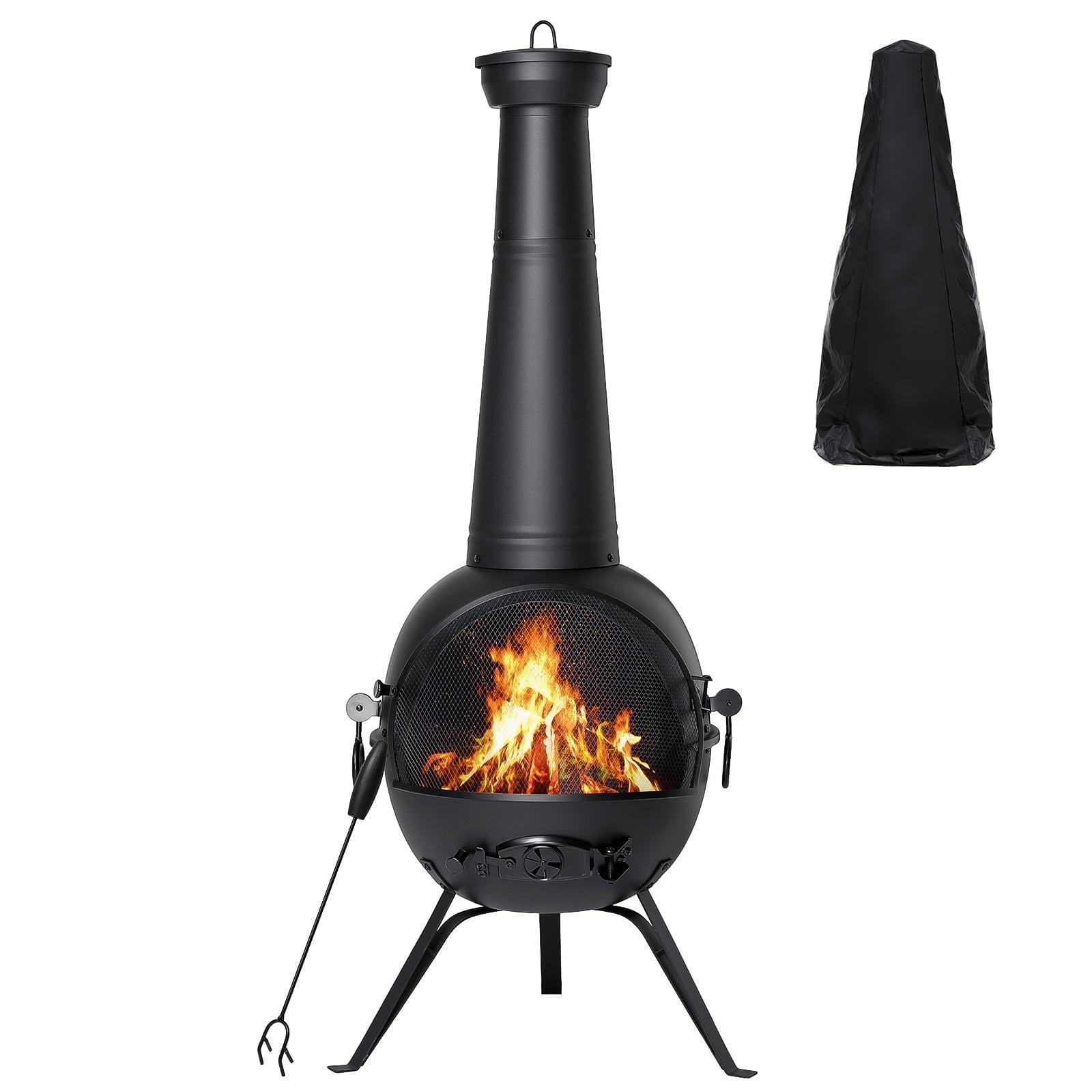 SINGLYFIRE 55 Inch High Fire Pit Fireplace with Chiminea Cover Rust-Free Iron Black