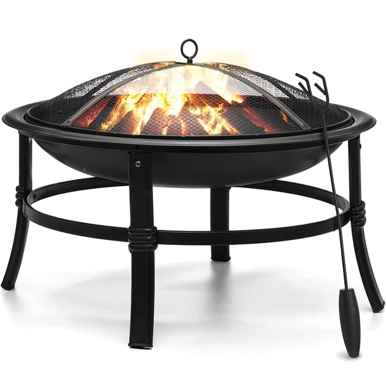 26-Inch Black Painted Steel Round Fire Pit with Mesh Screen and Poker