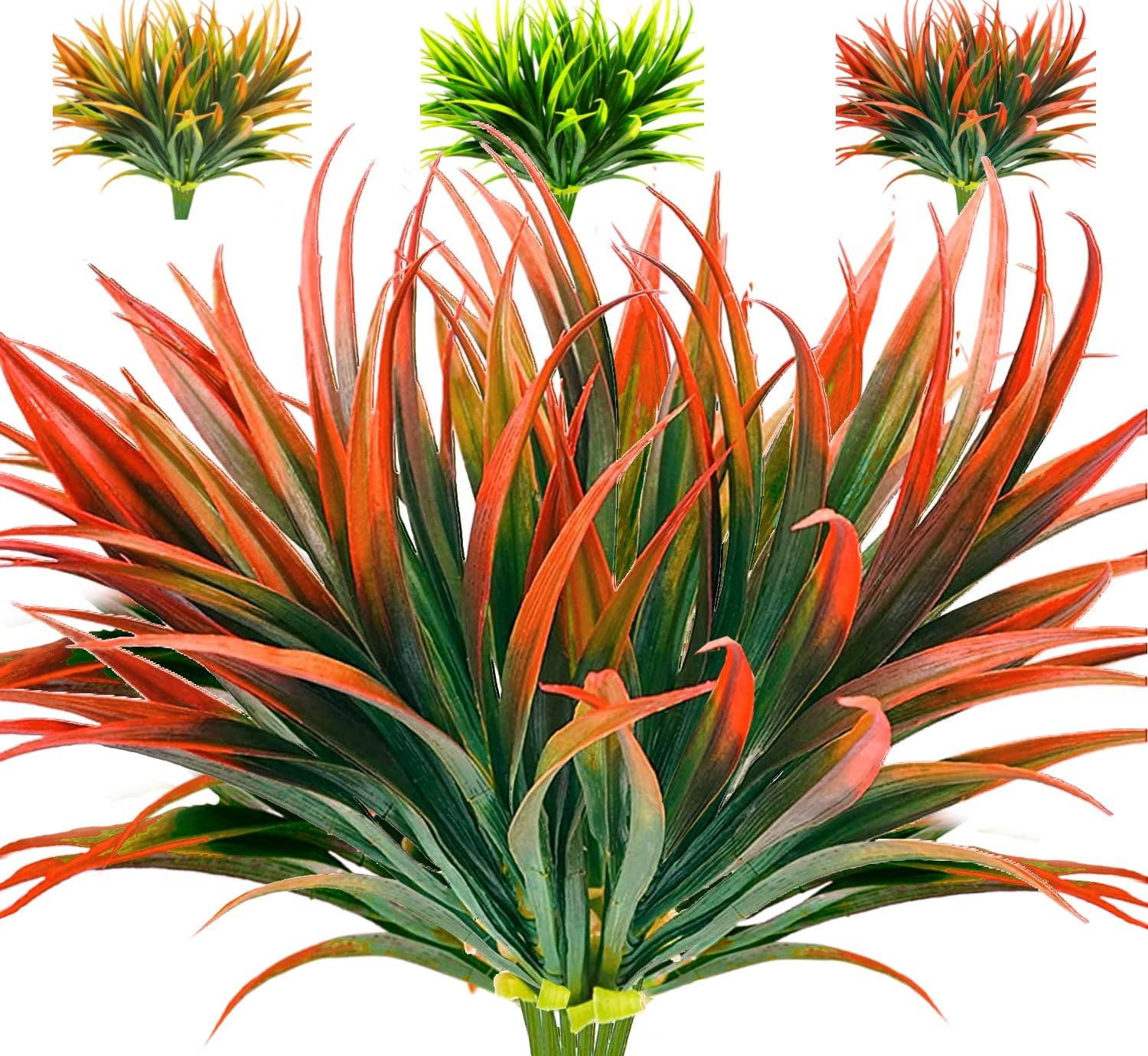 Nvzi 8 Pcs Outdoor Fake Plants UV Resistant Artificial Tall Grass Plants Faux Tropical Flowers Bushes Décor Green