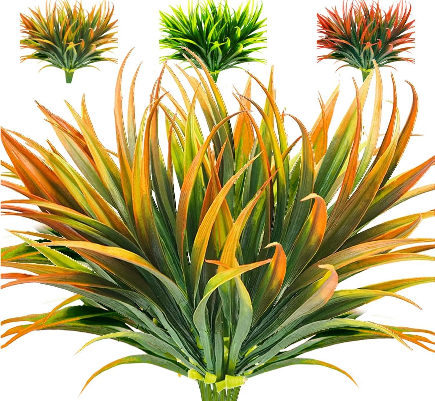 Nvzi 8 Pcs Outdoor Fake Plants UV Resistant Artificial Tall Grass Plants Faux Tropical Flowers Bushes Décor Green