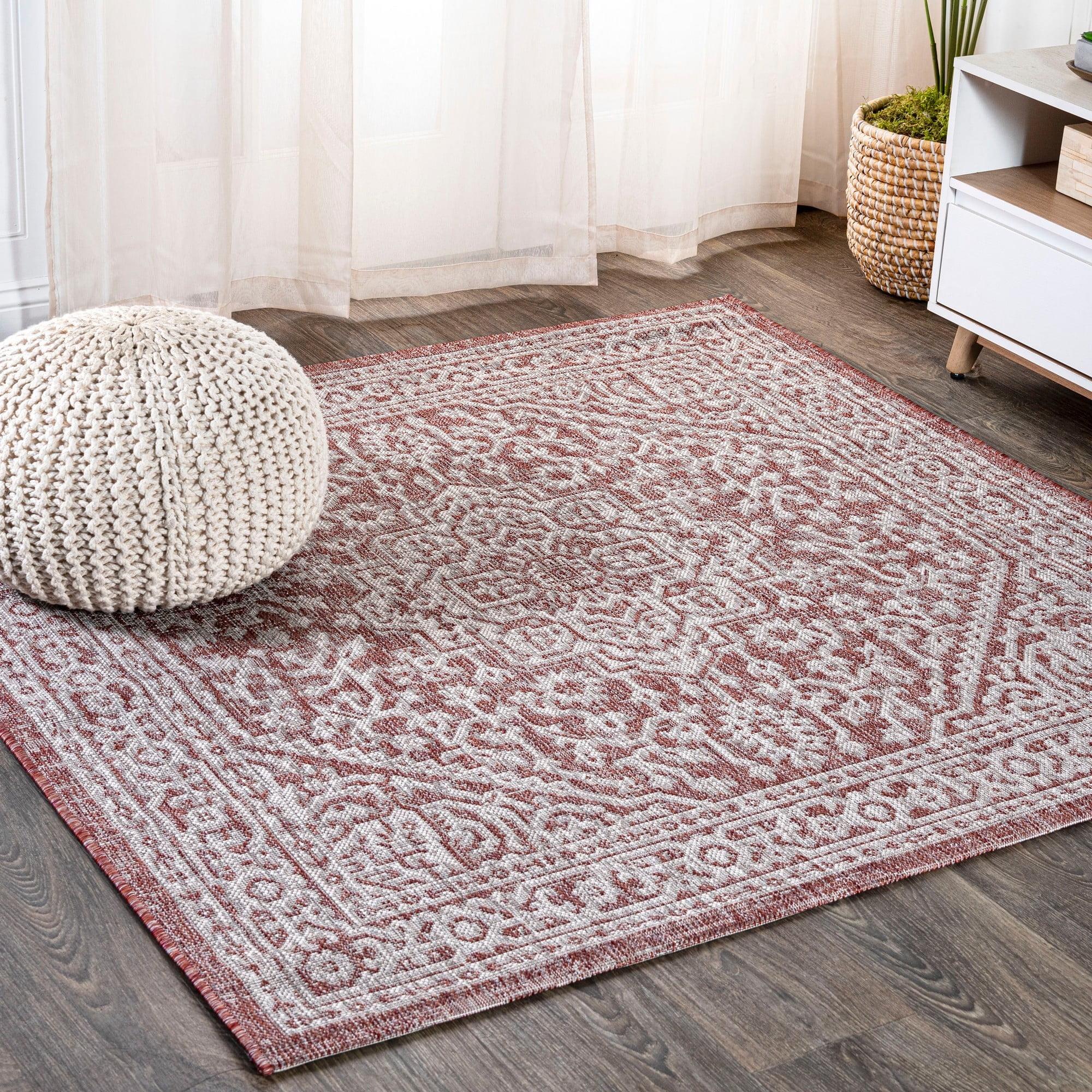 5' Square Sinjuri Medallion Textured Weave Indoor/Outdoor Area Rug, Red/Taupe - JONATHAN Y