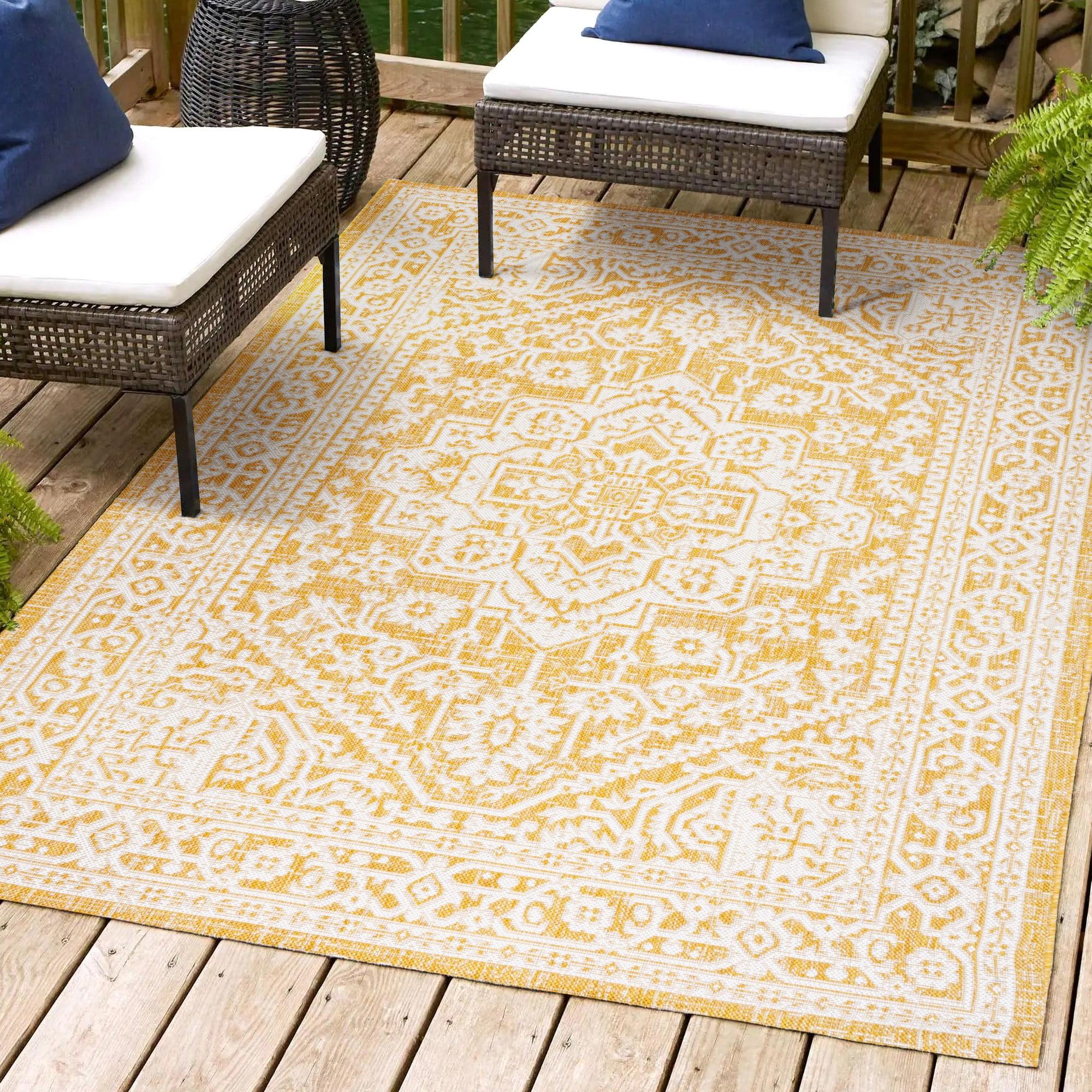 8' x 10' Sinjuri Medallion Textured Weave Indoor/Outdoor Area Rug, Yellow/Cream - JONATHAN Y