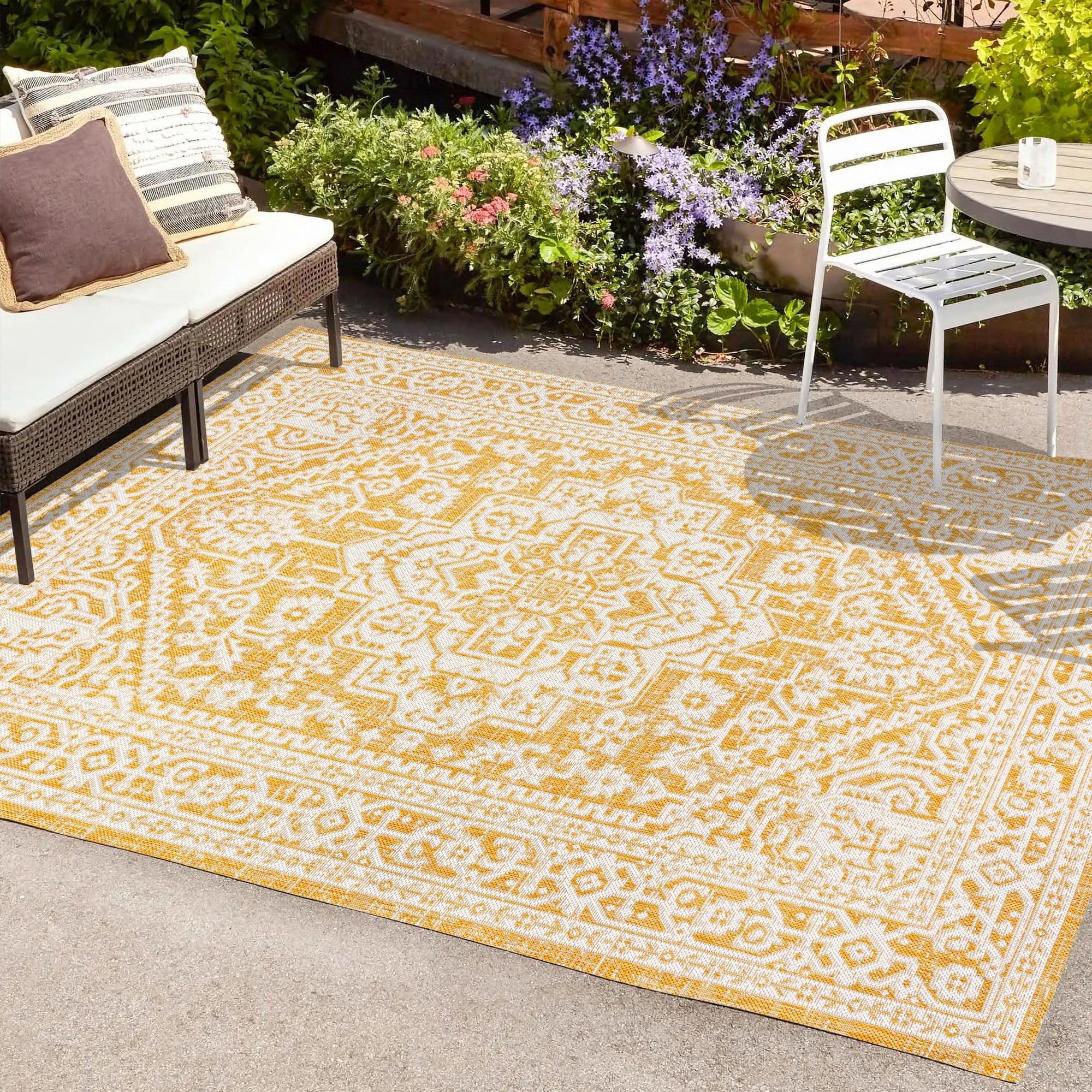 9' x 12' Sinjuri Medallion Textured Weave Indoor/Outdoor Area Rug, Yellow/Cream - JONATHAN Y