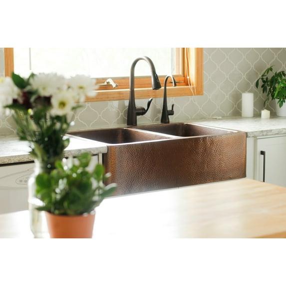 Sinkology Adams Copper 33" Double Bowl Farmhouse Apron Front Undermount Kitchen Sink K2A-1005ND